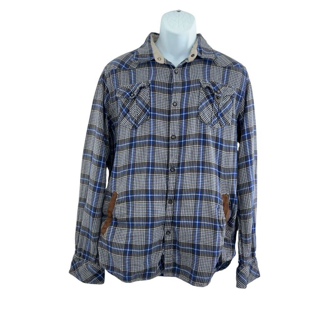 Scotch & Soda Men'sโBlue Black Plaid Leather Pocketed Flannel Shirt Lined XL
